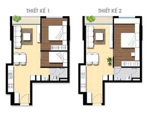 Thiết kế 1: 2 phòng ngủ, 1 phòng vệ sinh Thiết kế 2: 1 phòng ngủ, 1 phòng vệ sinh